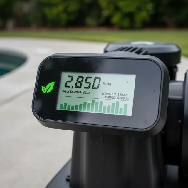 Close-up of a variable speed pool pump digital display showing RPM and savings bar graph beside a pool deck