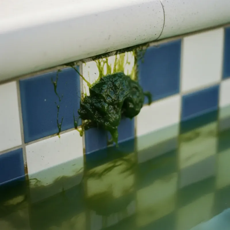 Close-up of green algae on pool tile and grout along the waterline