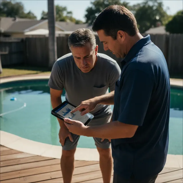 Pool professional showing a homeowner a treatment plan on a tablet by the pool