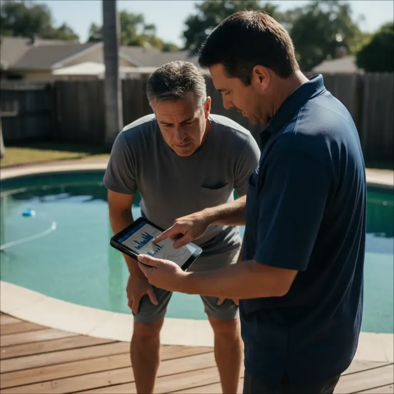 Pool professional showing a homeowner a treatment plan on a tablet by the pool