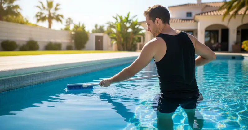 Pool technician brushing the walls of a clean pool to prevent algae growth