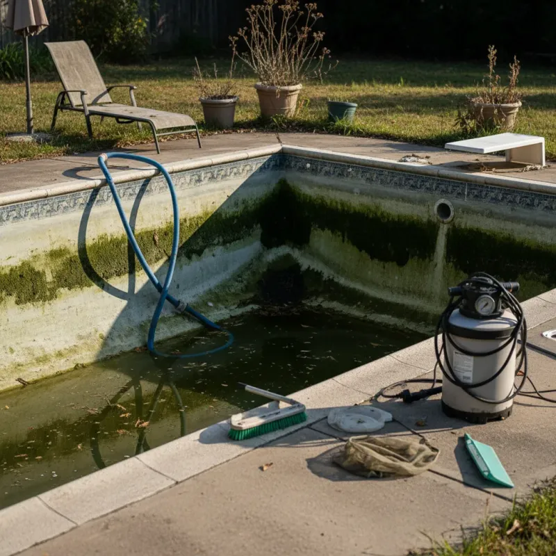 Residential pool with visible green algae patches on the walls and cloudy water