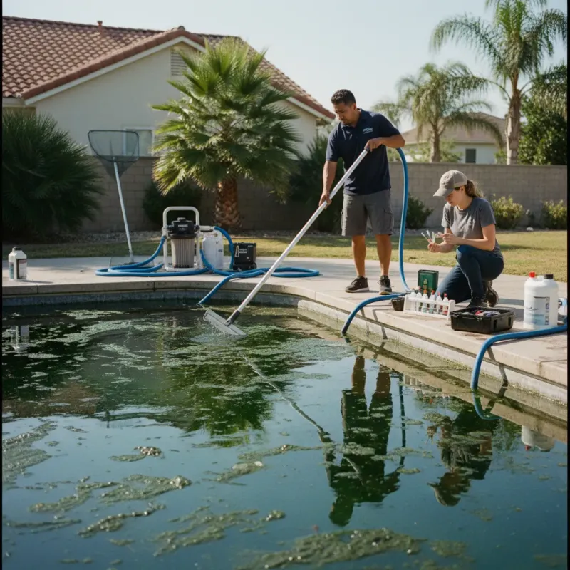 Two pool service technicians working on an algae-infested pool in San Diego