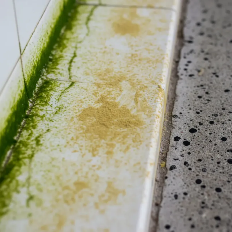 Close-up showing different types of pool algae: green, yellow, and black on surfaces
