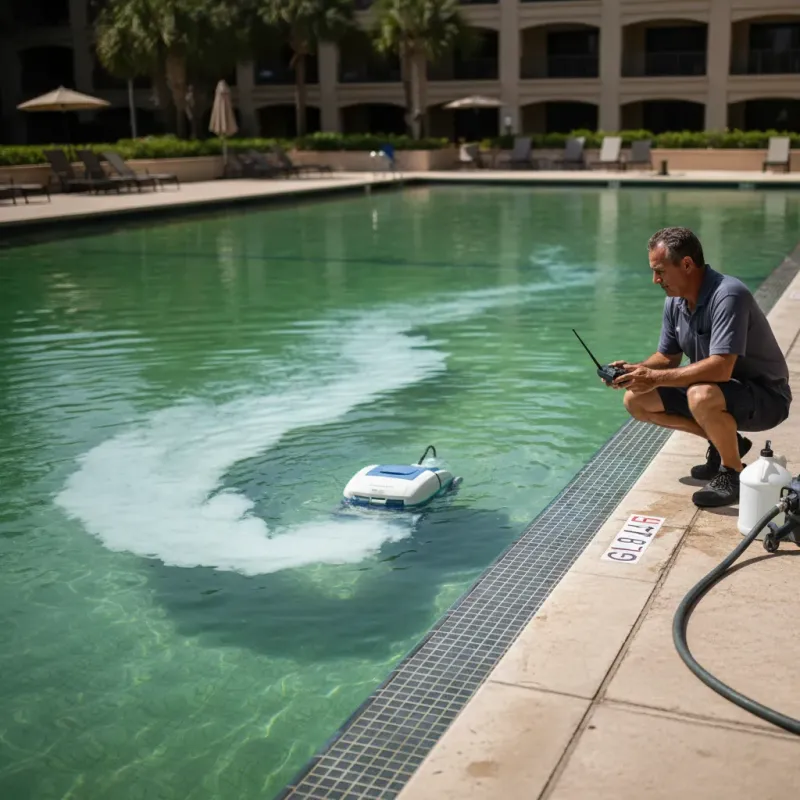 Pool technician operating a robotic cleaner on a pool mid-treatment for algae