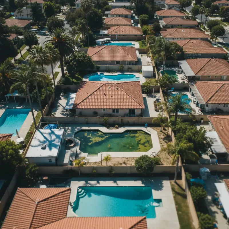 Aerial view of San Diego residential pools under bright sunshine and palm trees