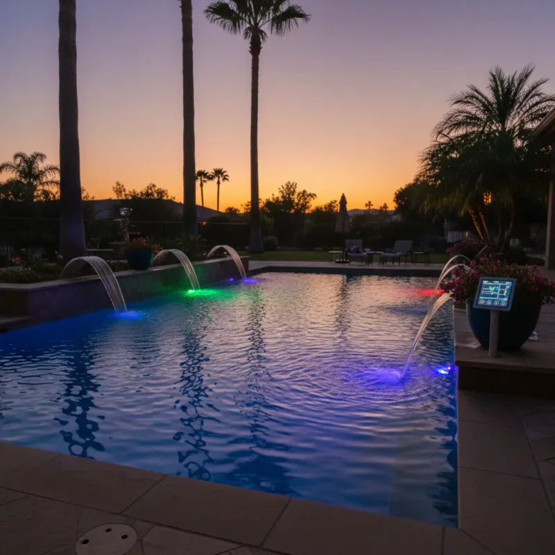 San Diego backyard pool at dusk with automated LED lights and water features