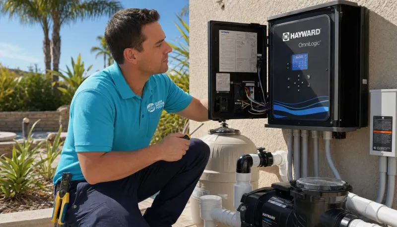 Pool automation technician installing a smart controller panel on an equipment pad