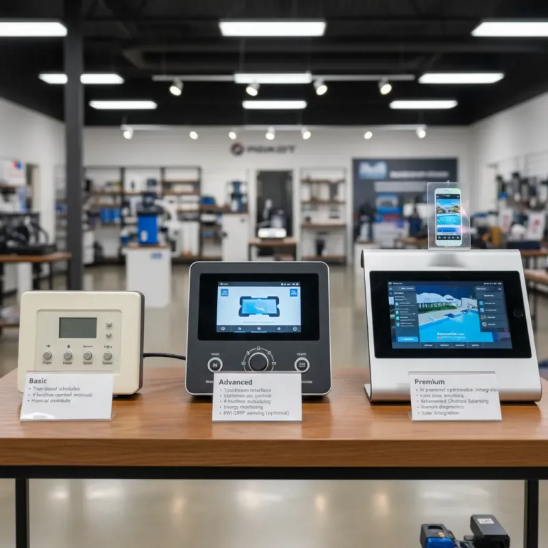 Three pool automation control panels displayed in a showroom for comparison
