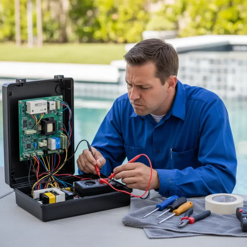 Pool technician troubleshooting automation control panel with a multimeter