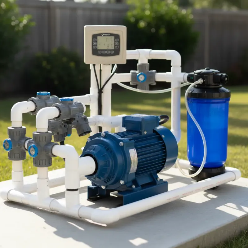 Complete pool automation system with motorized valves, smart pump, and controller