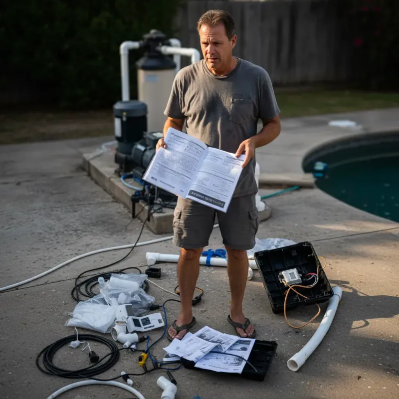 Homeowner looking confused at a pool automation manual with uninstalled components