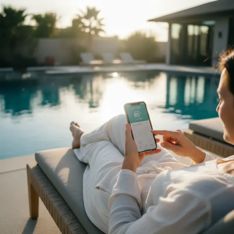 Person relaxing by the pool using a smartphone app to control pool settings