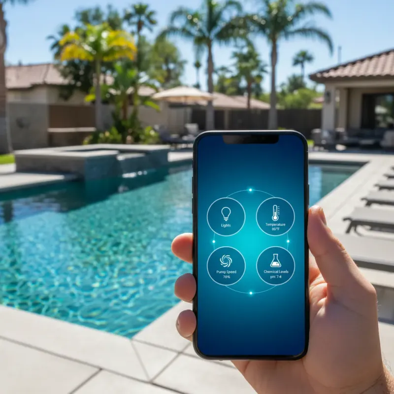 Smartphone showing pool automation app interface in front of a sparkling pool