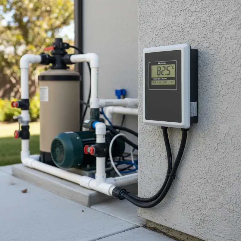 Modern pool automation control panel with digital display next to pool equipment