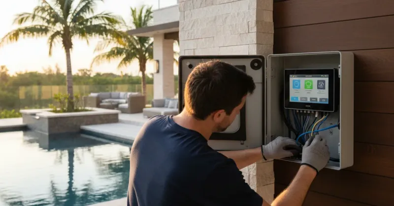 Pool automation installer explaining a smart control system to a homeowner