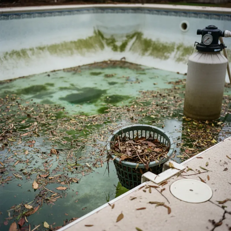 Warning signs of pool neglect: cloudy water, algae, debris, dirty skimmer, high pressure