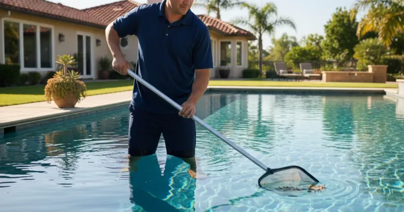 Pool technician deploying a professional robotic pool cleaner into crystal-clear water