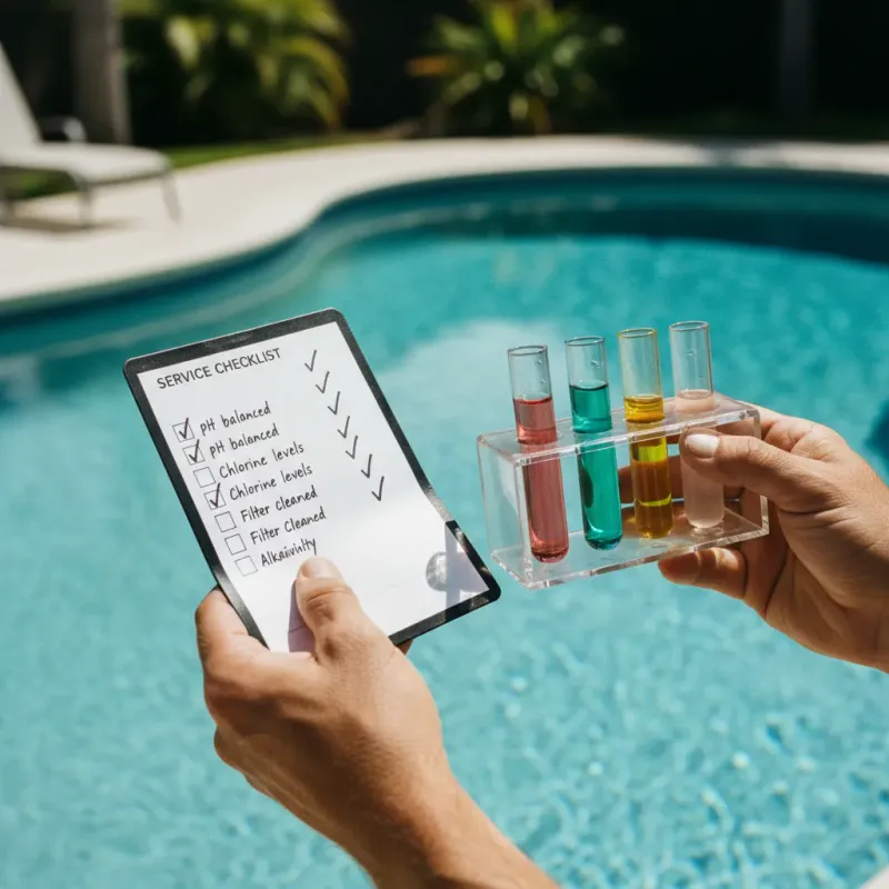Technician hands holding a waterproof checklist with chemical test vials by the pool