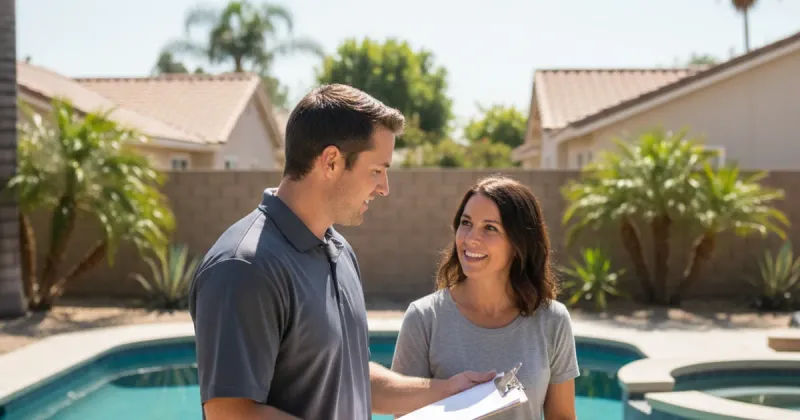 Homeowner shaking hands with a pool service technician at the backyard gate