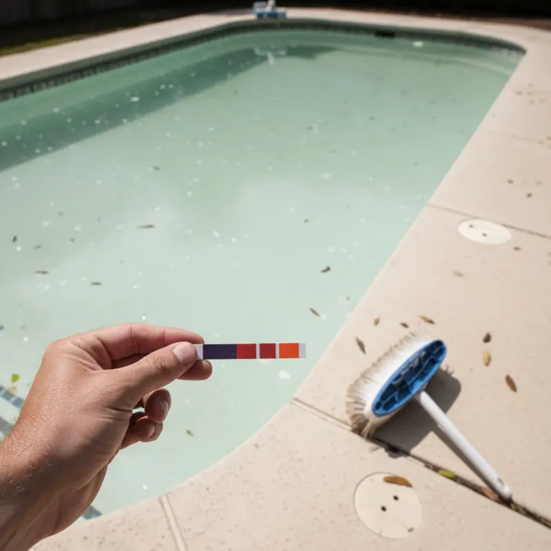Pool with unbalanced chemistry showing milky water and extreme pH test reading
