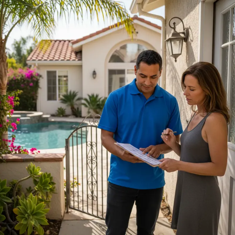 Pool service technician presenting a service estimate to a homeowner at their door