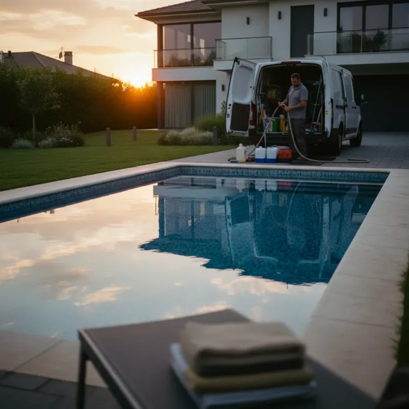 Well-maintained pool reflecting sunset with technician packing up in the background