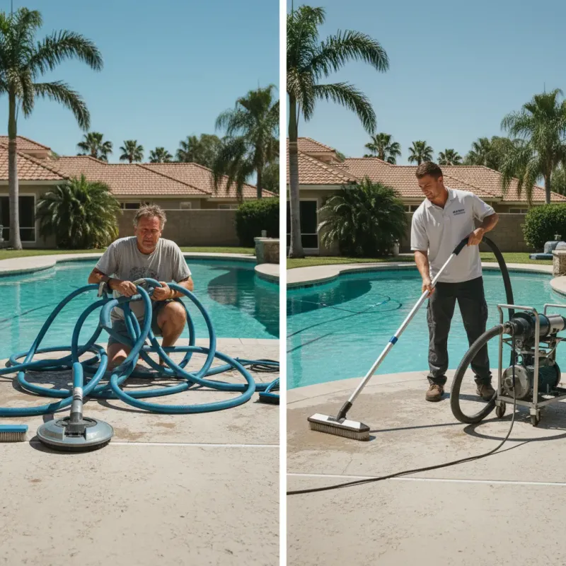 Contrast between homeowner struggling with pool equipment and professional working efficiently