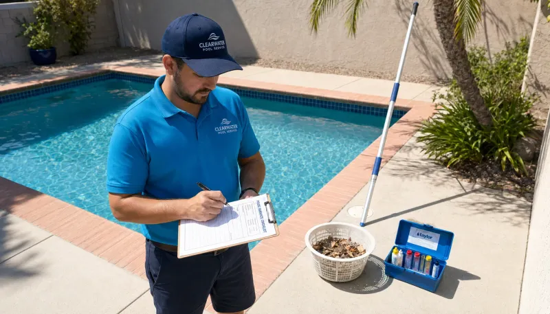 Pool technician checking a service checklist on the residential pool deck
