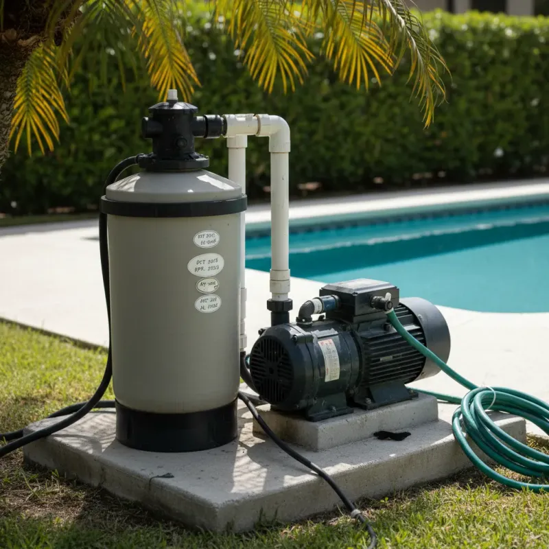 Pool pump and filter system in excellent condition with regular service date stickers