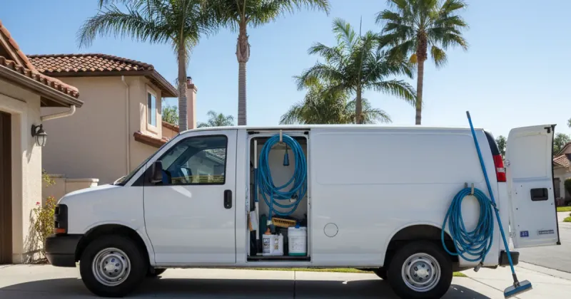 Pool service vehicles parked along a sunny San Diego residential street