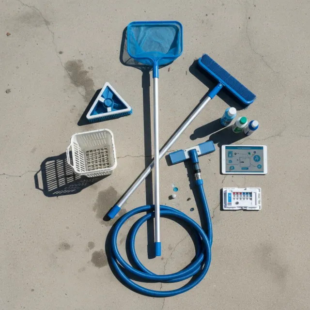 Overhead arrangement of weekly pool cleaning tools on a concrete deck