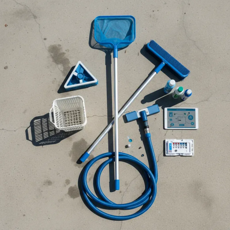 Overhead arrangement of weekly pool cleaning tools on a concrete deck