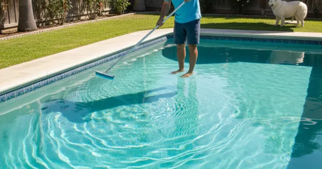 Pool technician midway through weekly cleaning showing before and after results