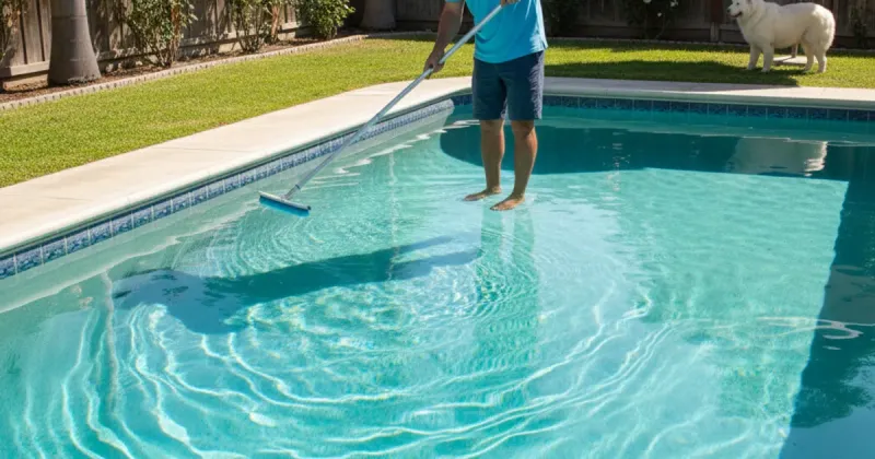 Pool technician midway through weekly cleaning showing before and after results