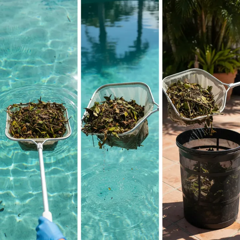 Skimmer net catching leaves from the pool surface on a bright sunny day