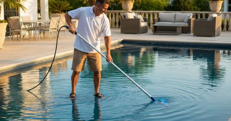 Professional pool cleaner methodically vacuuming the bottom of a residential pool
