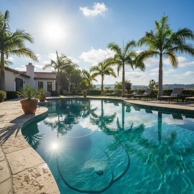 San Diego residential pool sparkling under intense sunshine with palm trees