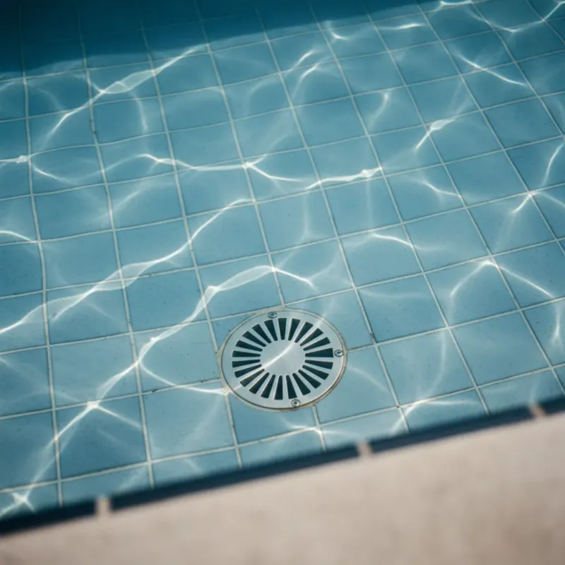 Crystal-clear pool water with main drain visible at the bottom and caustic light patterns