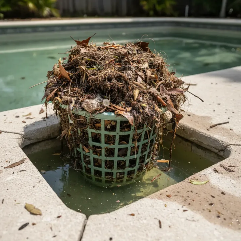 Clogged pool skimmer basket overflowing with leaves, hair, and debris