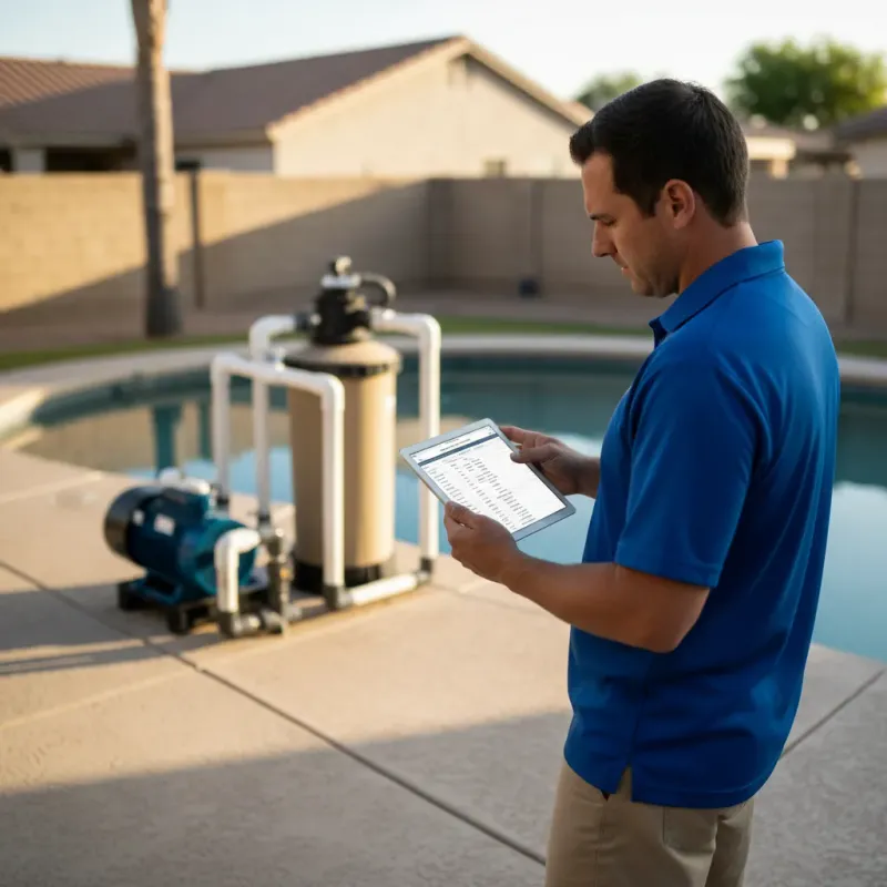 Pool technician reviewing a service estimate on a tablet at the pool deck