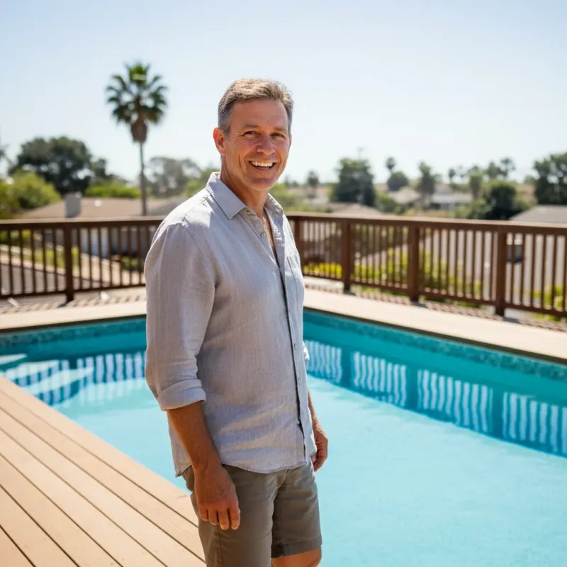 Happy homeowner next to their freshly refilled sparkling clean pool