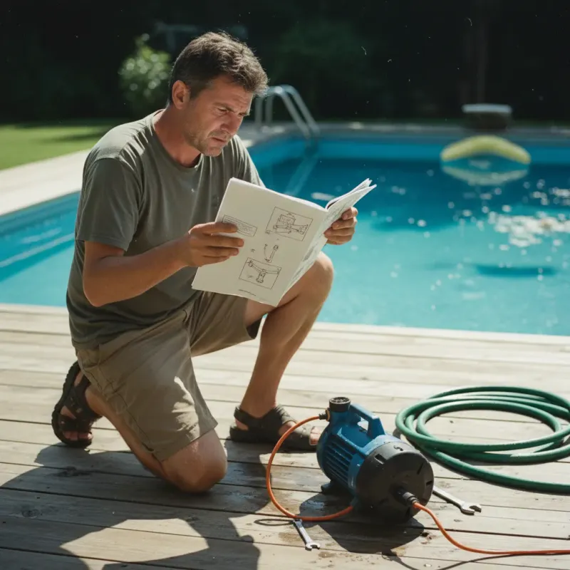 Homeowner setting up a pool draining pump while reading the instruction manual