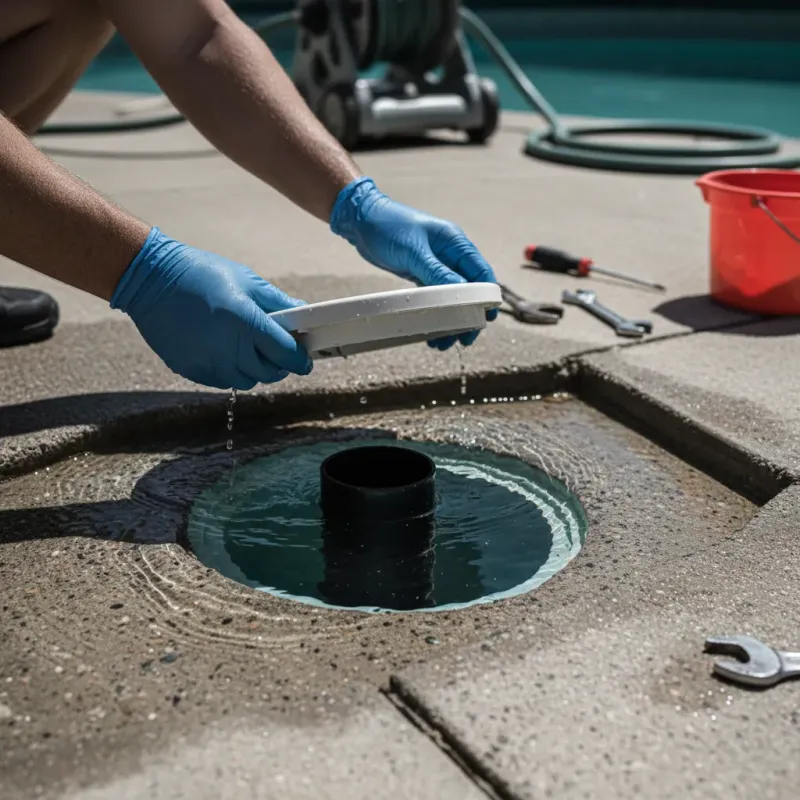 Close-up of a pool main drain cover being removed by a gloved technician