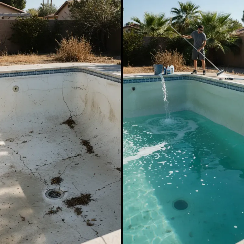 Split view of a completely drained pool and a freshly refilled pool being treated
