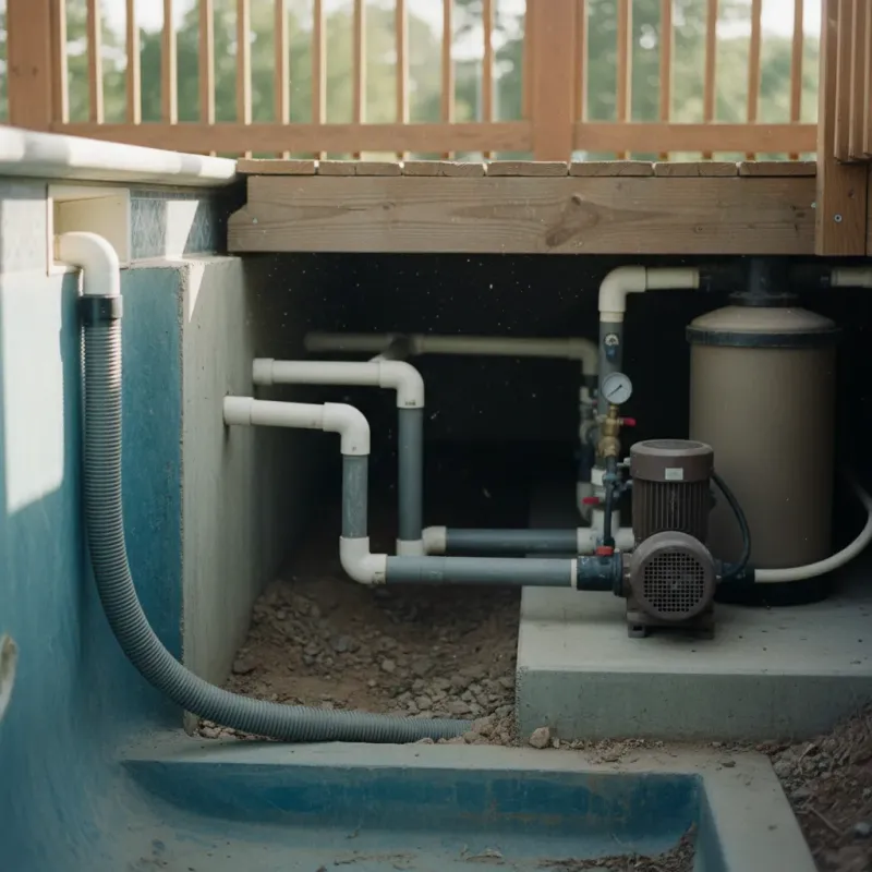 Cutaway view of pool plumbing showing drain pipes connected to pump and filter