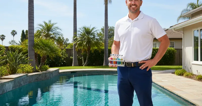 San Diego pool professional discussing pool maintenance with homeowner by the pool