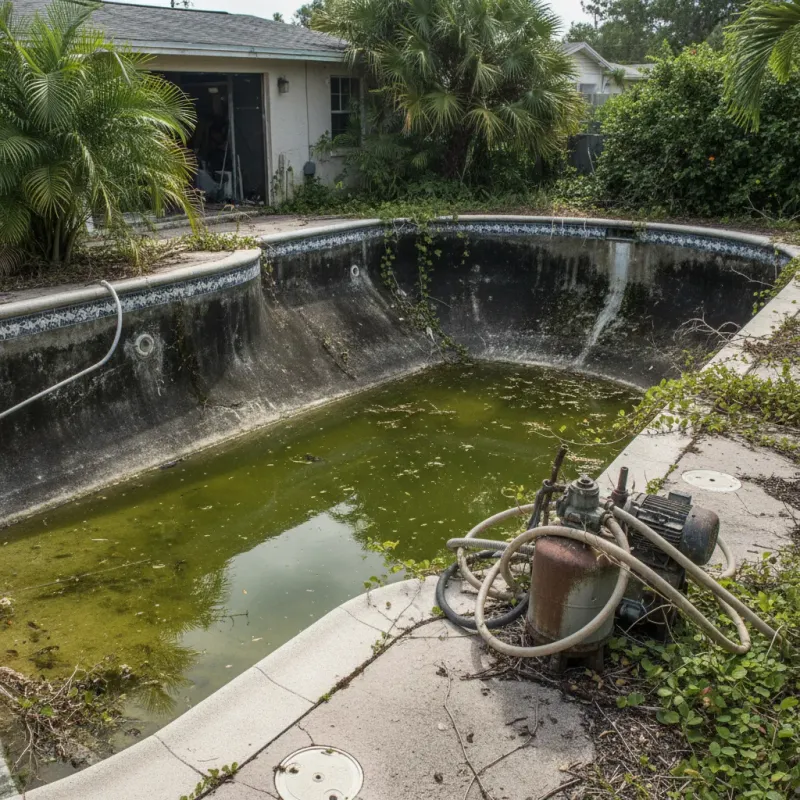 Neglected pool with dark stained plaster, calcium ring, and murky water