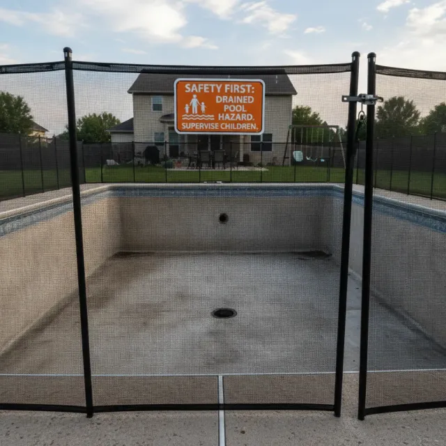 Pool safety barrier fence installed around a drained residential swimming pool