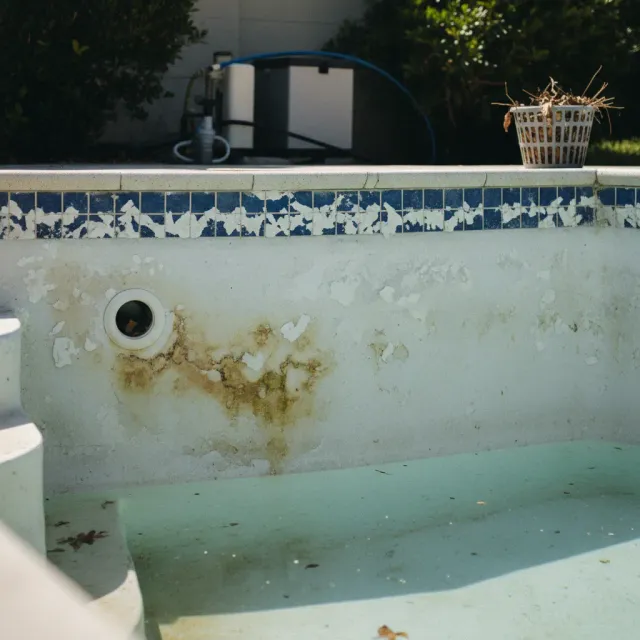 Pool showing heavy TDS buildup with hazy water and calcium deposits on tile